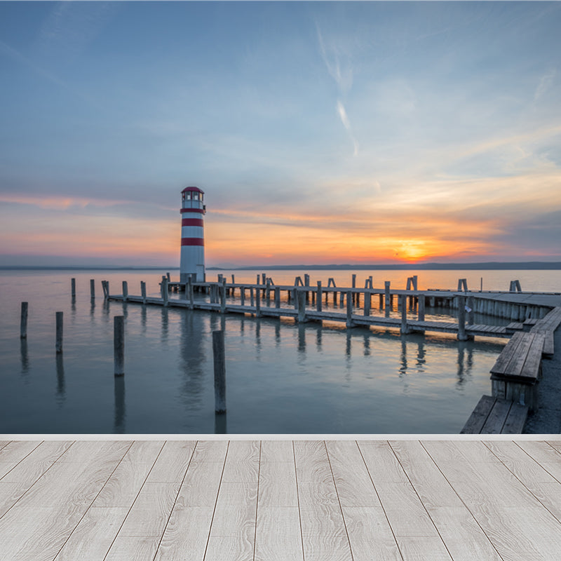 Large Shining Beacon Mural Wallpaper Nautical Seaside Landscape Wall Art in Blue Blue Design 4 Clearhalo 'Wall Decor' 'Wall Mural' 1648228