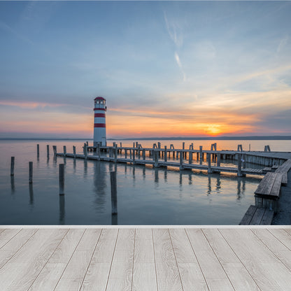 Large Shining Beacon Mural Wallpaper Nautical Seaside Landscape Wall Art in Blue Blue Design 4 Clearhalo 'Wall Decor' 'Wall Mural' 1648228