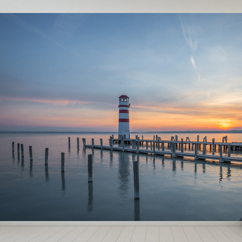 Large Shining Beacon Mural Wallpaper Nautical Seaside Landscape Wall Art in Blue Clearhalo 'Wall Decor' 'Wall Mural' 1648229