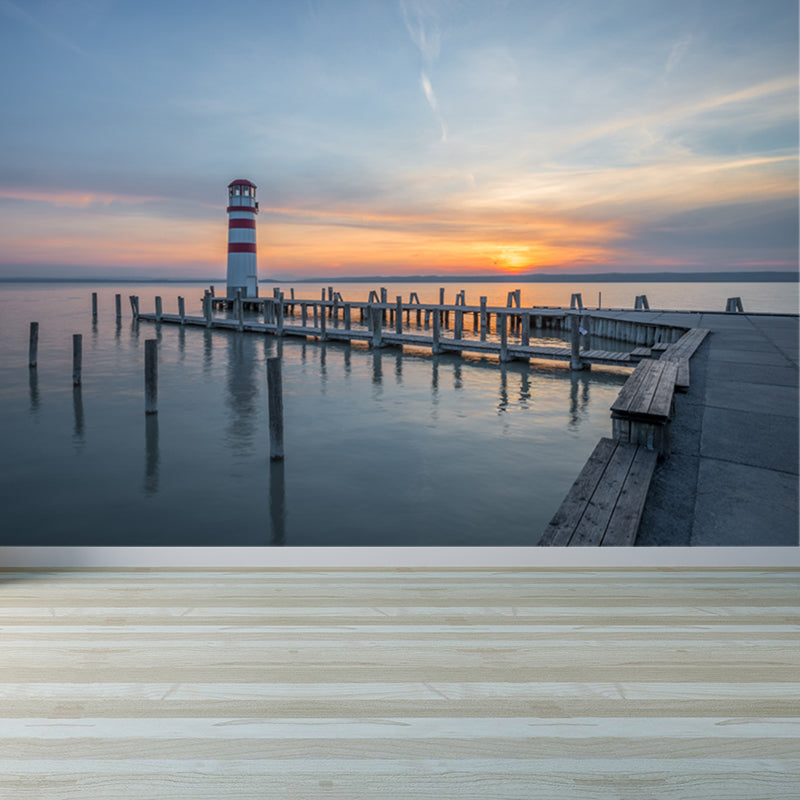 Large Shining Beacon Mural Wallpaper Nautical Seaside Landscape Wall Art in Blue Clearhalo 'Wall Decor' 'Wall Mural' 1648230