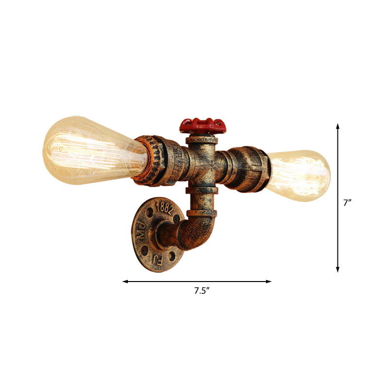 Bronze/Antique Brass 2 Heads Wall Light Fixture Warehouse Style Wrought Iron Bare Bulb Sconce Lamp with Pipe and Valve Clearhalo 'Art deco wall lights' 'Cast Iron' 'Glass' 'Industrial wall lights' 'Industrial' 'Middle century wall lights' 'Modern' 'Rustic wall lights' 'Tiffany' 'Traditional wall lights' 'Wall Lamps & Sconces' 'Wall Lights' Lighting' 164827