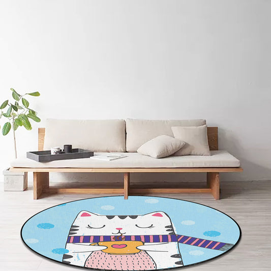 White and Blue Child's Room Rug Kids Animal Cat Dots Pattern Area Rug Polyester Pet Friendly Carpet Clearhalo 'Area Rug' 'Rug' 1648473