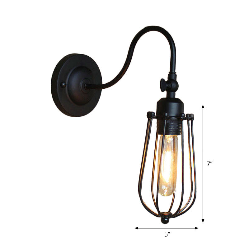 Black Globe/Oval Cage Wall Mount Light with Gooseneck Arm Retro Style Metallic 1 Head Bedroom Mini Wall Lamp Clearhalo 'Art deco wall lights' 'Cast Iron' 'Glass' 'Industrial wall lights' 'Industrial' 'Middle century wall lights' 'Modern' 'Rustic wall lights' 'Tiffany' 'Traditional wall lights' 'Wall Lamps & Sconces' 'Wall Lights' Lighting' 164849