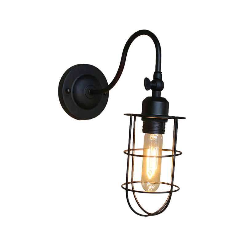 Black Globe/Oval Cage Wall Mount Light with Gooseneck Arm Retro Style Metallic 1 Head Bedroom Mini Wall Lamp Clearhalo 'Art deco wall lights' 'Cast Iron' 'Glass' 'Industrial wall lights' 'Industrial' 'Middle century wall lights' 'Modern' 'Rustic wall lights' 'Tiffany' 'Traditional wall lights' 'Wall Lamps & Sconces' 'Wall Lights' Lighting' 164851