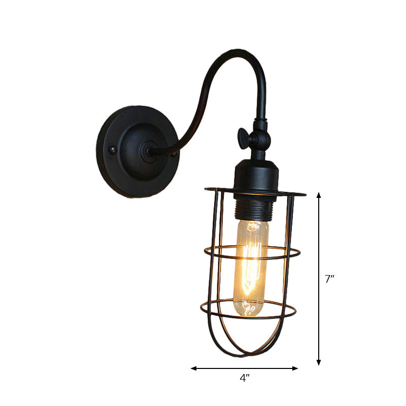 Black Globe/Oval Cage Wall Mount Light with Gooseneck Arm Retro Style Metallic 1 Head Bedroom Mini Wall Lamp Clearhalo 'Art deco wall lights' 'Cast Iron' 'Glass' 'Industrial wall lights' 'Industrial' 'Middle century wall lights' 'Modern' 'Rustic wall lights' 'Tiffany' 'Traditional wall lights' 'Wall Lamps & Sconces' 'Wall Lights' Lighting' 164852