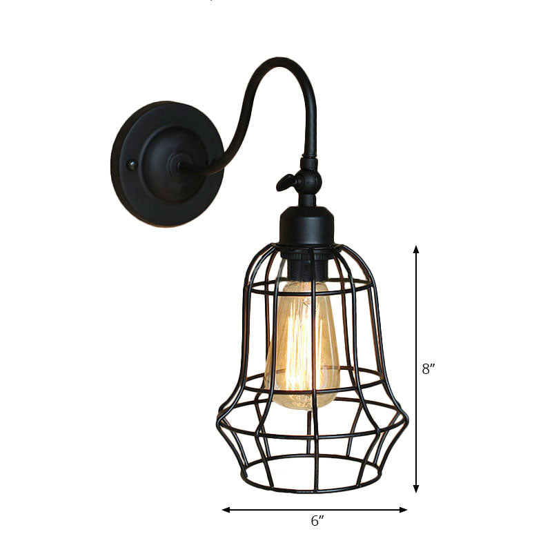Black Globe/Oval Cage Wall Mount Light with Gooseneck Arm Retro Style Metallic 1 Head Bedroom Mini Wall Lamp Clearhalo 'Art deco wall lights' 'Cast Iron' 'Glass' 'Industrial wall lights' 'Industrial' 'Middle century wall lights' 'Modern' 'Rustic wall lights' 'Tiffany' 'Traditional wall lights' 'Wall Lamps & Sconces' 'Wall Lights' Lighting' 164855