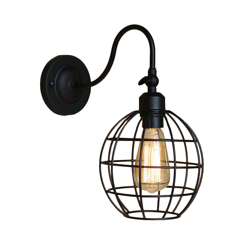 Black Globe/Oval Cage Wall Mount Light with Gooseneck Arm Retro Style Metallic 1 Head Bedroom Mini Wall Lamp Clearhalo 'Art deco wall lights' 'Cast Iron' 'Glass' 'Industrial wall lights' 'Industrial' 'Middle century wall lights' 'Modern' 'Rustic wall lights' 'Tiffany' 'Traditional wall lights' 'Wall Lamps & Sconces' 'Wall Lights' Lighting' 164857