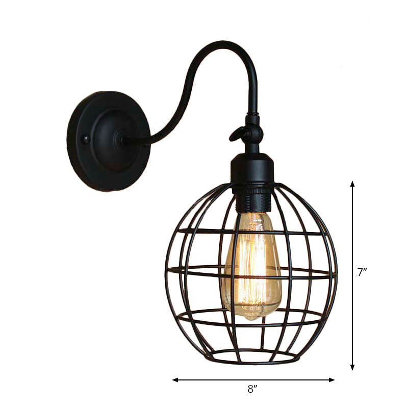 Black Globe/Oval Cage Wall Mount Light with Gooseneck Arm Retro Style Metallic 1 Head Bedroom Mini Wall Lamp Clearhalo 'Art deco wall lights' 'Cast Iron' 'Glass' 'Industrial wall lights' 'Industrial' 'Middle century wall lights' 'Modern' 'Rustic wall lights' 'Tiffany' 'Traditional wall lights' 'Wall Lamps & Sconces' 'Wall Lights' Lighting' 164858