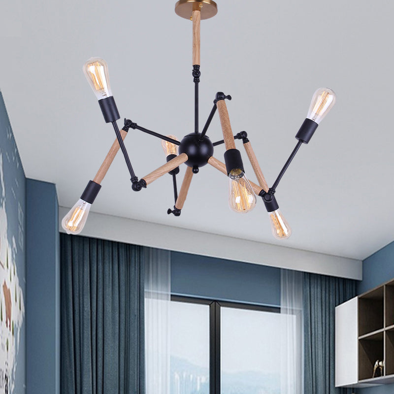 Lodge Style Open Bulb Chandelier Lighting 6/8 Heads Wood and Metal Ceiling Light Fixture with Adjustable Arm 6 Wood Clearhalo 'Carpenter Chandeliers' 'Ceiling Lights' 'Chandeliers' 'Industrial Chandeliers' 'Industrial' 'Middle Century Chandeliers' 'Modern' 'Tiffany' Lighting' 164862