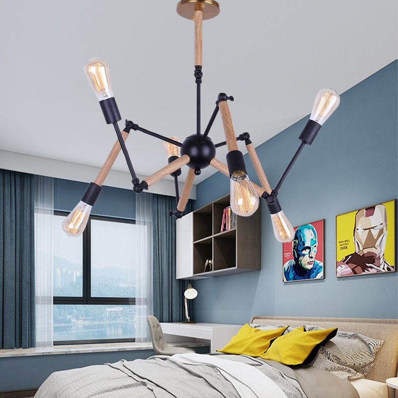 Lodge Style Open Bulb Chandelier Lighting 6/8 Heads Wood and Metal Ceiling Light Fixture with Adjustable Arm Clearhalo 'Carpenter Chandeliers' 'Ceiling Lights' 'Chandeliers' 'Industrial Chandeliers' 'Industrial' 'Middle Century Chandeliers' 'Modern' 'Tiffany' Lighting' 164863
