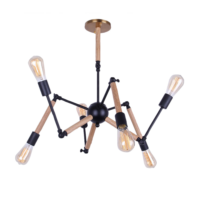 Lodge Style Open Bulb Chandelier Lighting 6/8 Heads Wood and Metal Ceiling Light Fixture with Adjustable Arm Clearhalo 'Carpenter Chandeliers' 'Ceiling Lights' 'Chandeliers' 'Industrial Chandeliers' 'Industrial' 'Middle Century Chandeliers' 'Modern' 'Tiffany' Lighting' 164864