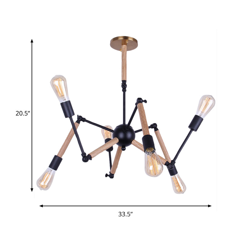 Lodge Style Open Bulb Chandelier Lighting 6/8 Heads Wood and Metal Ceiling Light Fixture with Adjustable Arm Clearhalo 'Carpenter Chandeliers' 'Ceiling Lights' 'Chandeliers' 'Industrial Chandeliers' 'Industrial' 'Middle Century Chandeliers' 'Modern' 'Tiffany' Lighting' 164865
