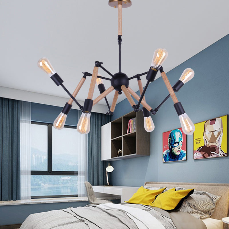 Lodge Style Open Bulb Chandelier Lighting 6/8 Heads Wood and Metal Ceiling Light Fixture with Adjustable Arm 8 Wood Clearhalo 'Carpenter Chandeliers' 'Ceiling Lights' 'Chandeliers' 'Industrial Chandeliers' 'Industrial' 'Middle Century Chandeliers' 'Modern' 'Tiffany' Lighting' 164866