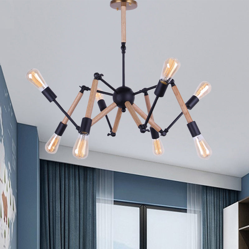 Lodge Style Open Bulb Chandelier Lighting 6/8 Heads Wood and Metal Ceiling Light Fixture with Adjustable Arm Clearhalo 'Carpenter Chandeliers' 'Ceiling Lights' 'Chandeliers' 'Industrial Chandeliers' 'Industrial' 'Middle Century Chandeliers' 'Modern' 'Tiffany' Lighting' 164867