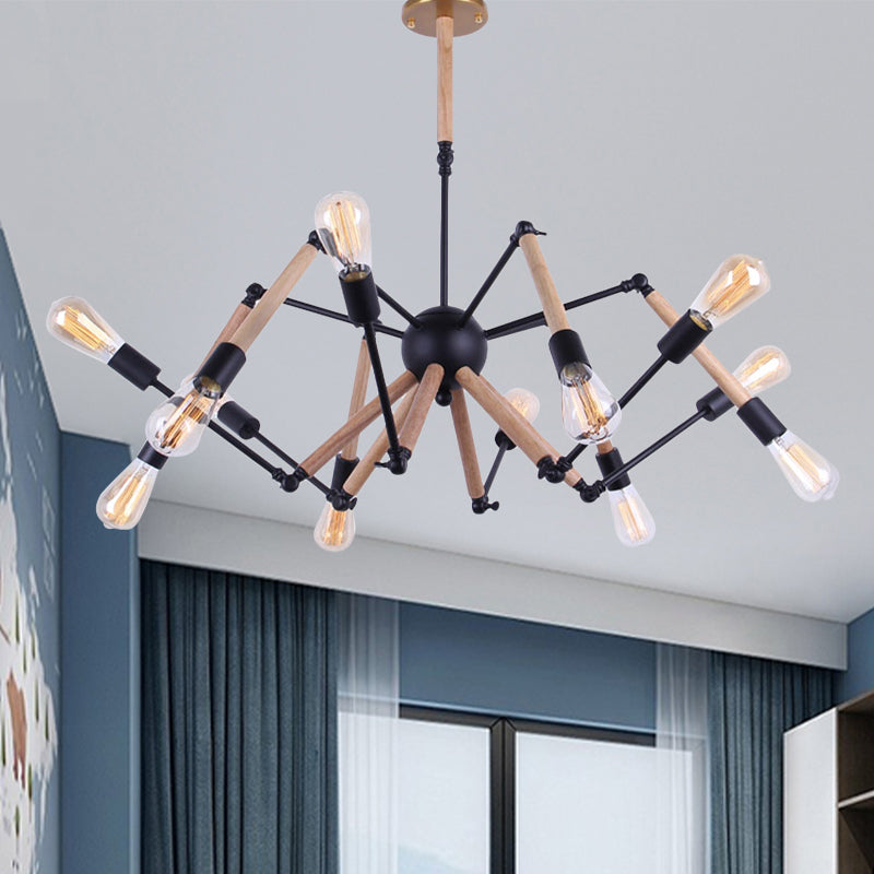 Lodge Style Open Bulb Chandelier Lighting 6/8 Heads Wood and Metal Ceiling Light Fixture with Adjustable Arm 12 Wood Clearhalo 'Carpenter Chandeliers' 'Ceiling Lights' 'Chandeliers' 'Industrial Chandeliers' 'Industrial' 'Middle Century Chandeliers' 'Modern' 'Tiffany' Lighting' 164870