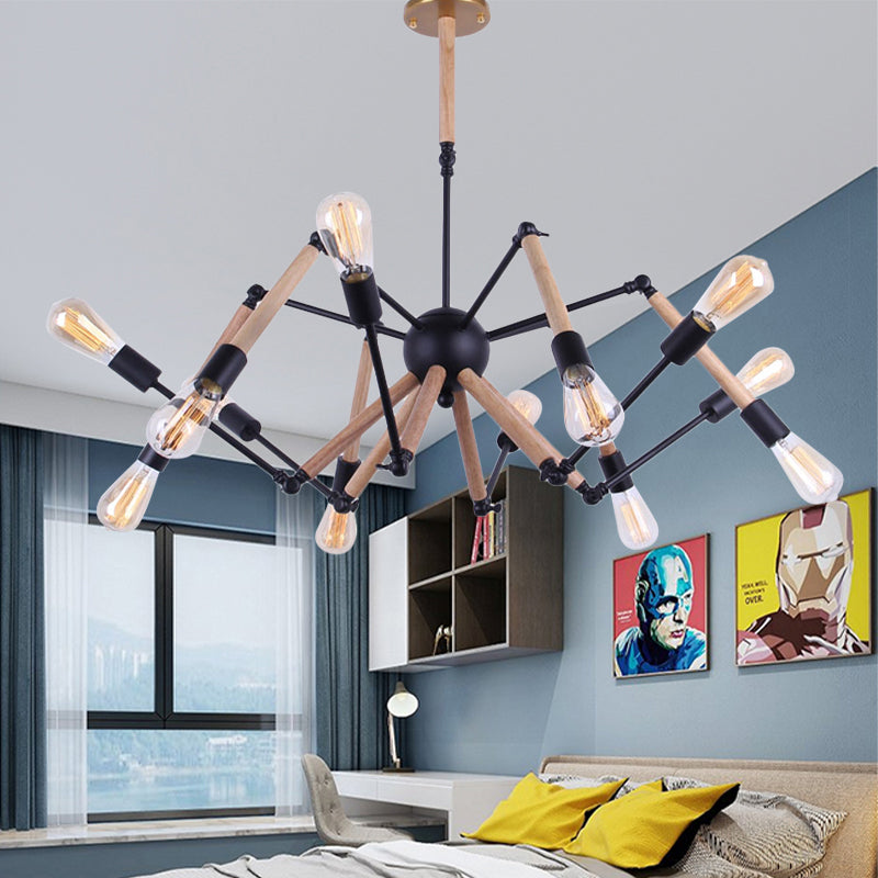 Lodge Style Open Bulb Chandelier Lighting 6/8 Heads Wood and Metal Ceiling Light Fixture with Adjustable Arm Clearhalo 'Carpenter Chandeliers' 'Ceiling Lights' 'Chandeliers' 'Industrial Chandeliers' 'Industrial' 'Middle Century Chandeliers' 'Modern' 'Tiffany' Lighting' 164871