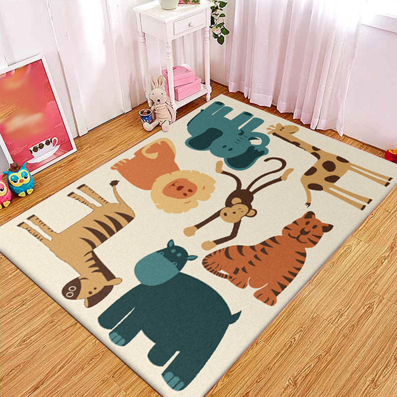 Kids Bedroom Rug in Yellow Animal Elephant Tiger Lion Print Rug Polyester Pet Friendly Area Rug Beige Clearhalo 'Area Rug' 'Rug' 1648735