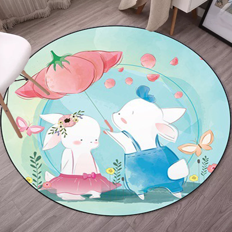 Kids Bedroom Rug in Blue Animal Elephant Rabbit Hedgehog Print Rug Polyester Pet Friendly Area Rug Clearhalo 'Area Rug' 'Rug' 1648785