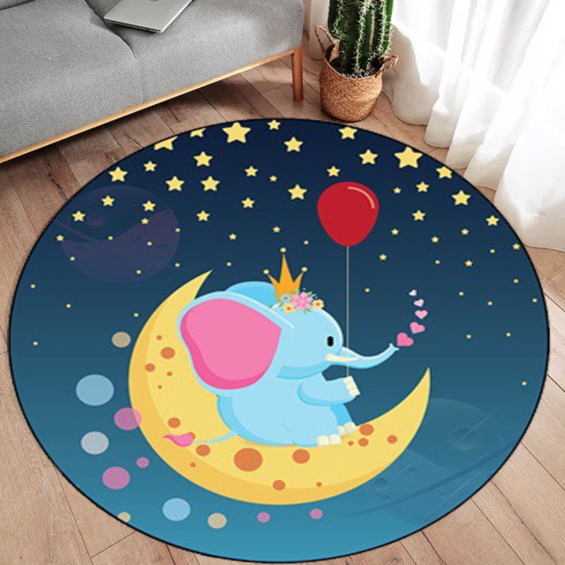 Kids Bedroom Rug in Blue Animal Elephant Rabbit Hedgehog Print Rug Polyester Pet Friendly Area Rug Dark Blue Clearhalo 'Area Rug' 'Rug' 1648796