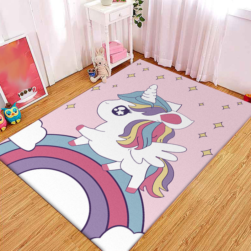 Pink Child's Room Rug Kids Animal Unicorn Rainbow Pattern Area Rug Polyester Non-Slip Backing Carpet Pink Clearhalo 'Area Rug' 'Rug' 1648949