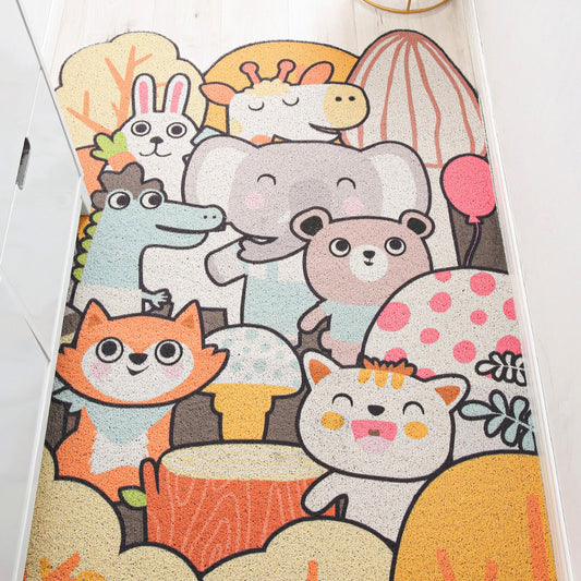 Kids Irregular Nursery Rug in Yellow and Grey Animal Cat Rabbit Penguin Print Rug Polyester Non-Slip Area Rug Orange