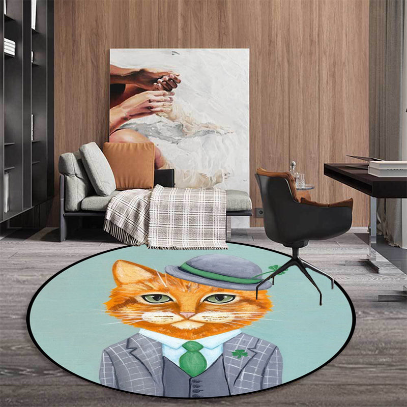 Kids Bedroom Rug in Green and Blue Animal Cat Glasses Print Rug Polyester Pet Friendly Area Rug Clearhalo 'Area Rug' 'Rug' 1649053