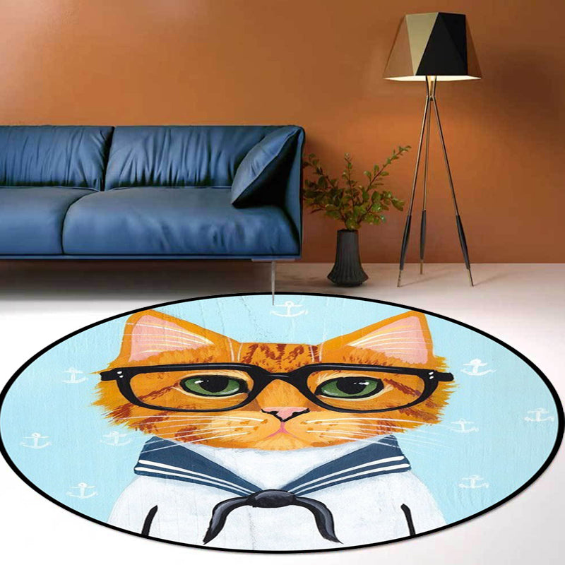 Kids Bedroom Rug in Green and Blue Animal Cat Glasses Print Rug Polyester Pet Friendly Area Rug Light Blue Clearhalo 'Area Rug' 'Rug' 1649055