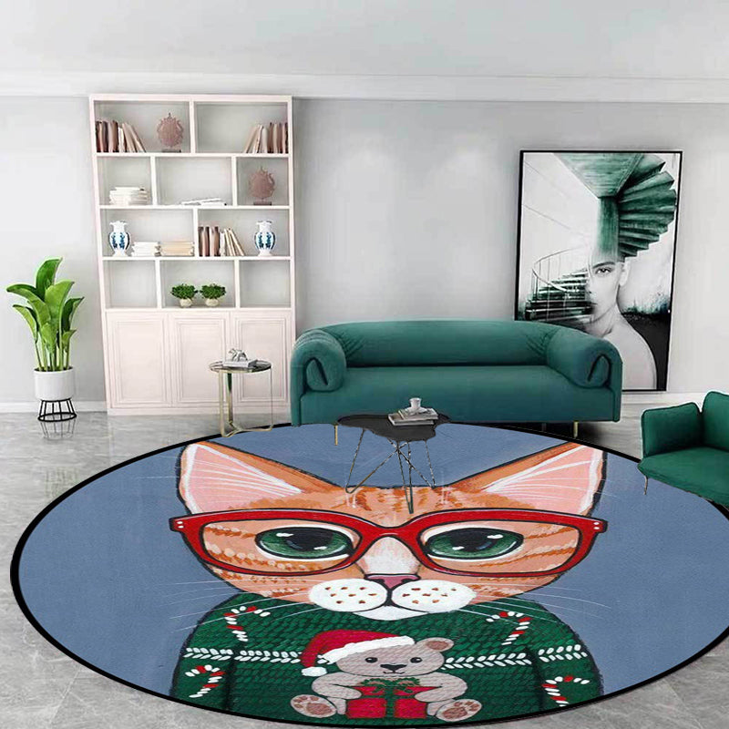 Kids Bedroom Rug in Green and Blue Animal Cat Glasses Print Rug Polyester Pet Friendly Area Rug Dark Blue Clearhalo 'Area Rug' 'Rug' 1649058
