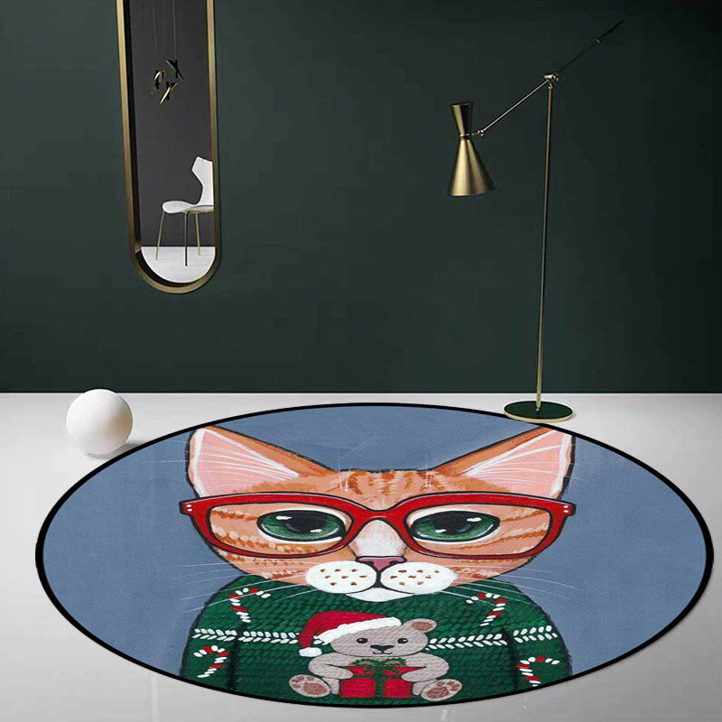 Kids Bedroom Rug in Green and Blue Animal Cat Glasses Print Rug Polyester Pet Friendly Area Rug Clearhalo 'Area Rug' 'Rug' 1649059