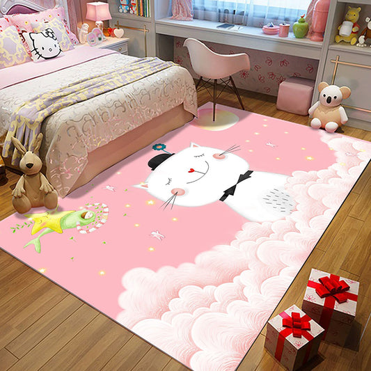 Casual Kids Rug in Pink Animal Cat Cloud Pattern Rug Polyester Anti-Slip Backing Washable Carpet for Nursery
