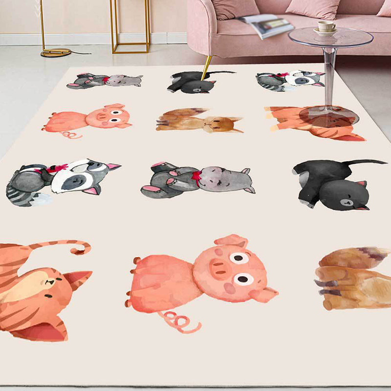 Kids Bedroom Rug in Ivory Animal Dog Cat Pig Print Rug Polyester Non-Slip Backing Area Rug Beige Design 2 Clearhalo 'Area Rug' 'Rug' 1649157