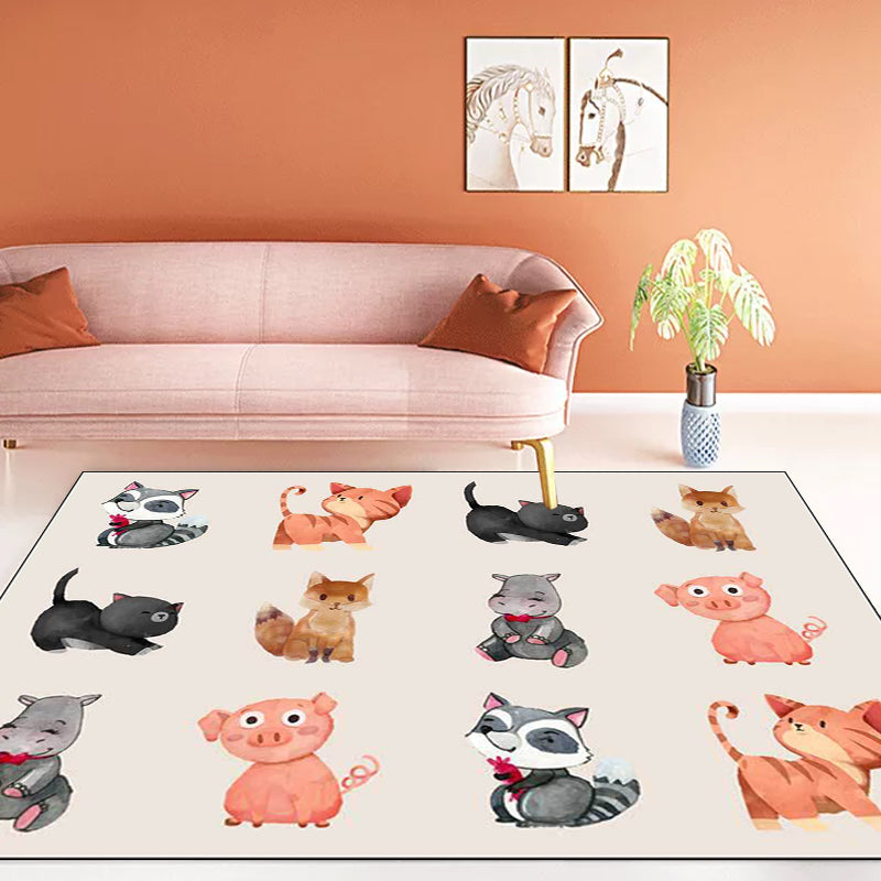 Kids Bedroom Rug in Ivory Animal Dog Cat Pig Print Rug Polyester Non-Slip Backing Area Rug Clearhalo 'Area Rug' 'Rug' 1649158