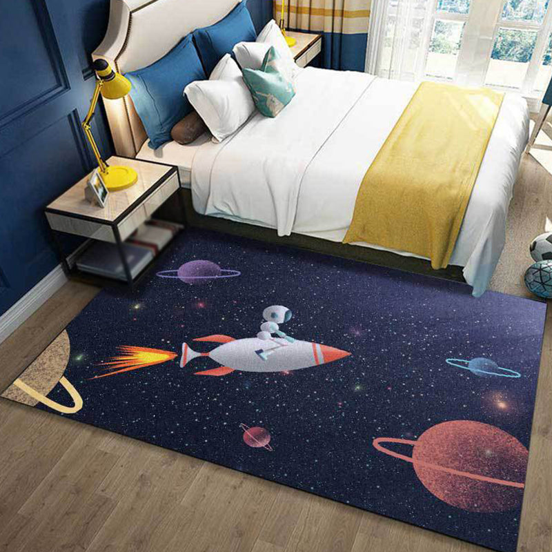 Kids Bedroom Rug in Blue Outer Space Galaxy Rocket Astronaut Print Rug Polyester Non-Slip Backing Area Rug Dark Blue Clearhalo 'Area Rug' 'Rug' 1649160