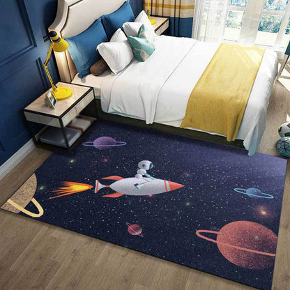 Kids Bedroom Rug in Blue Outer Space Galaxy Rocket Astronaut Print Rug Polyester Non-Slip Backing Area Rug Dark Blue Clearhalo 'Area Rug' 'Rug' 1649160