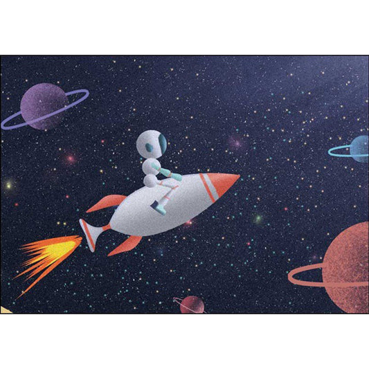 Kids Bedroom Rug in Blue Outer Space Galaxy Rocket Astronaut Print Rug Polyester Non-Slip Backing Area Rug