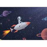Kids Bedroom Rug in Blue Outer Space Galaxy Rocket Astronaut Print Rug Polyester Non-Slip Backing Area Rug