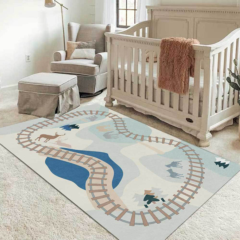 Casual Kids Rug in Blue Cars & Roads Deer Horse Tree Pattern Rug Polyester Anti-Slip Backing Carpet for Nursery Light Blue Clearhalo 'Area Rug' 'Rug' 1649178