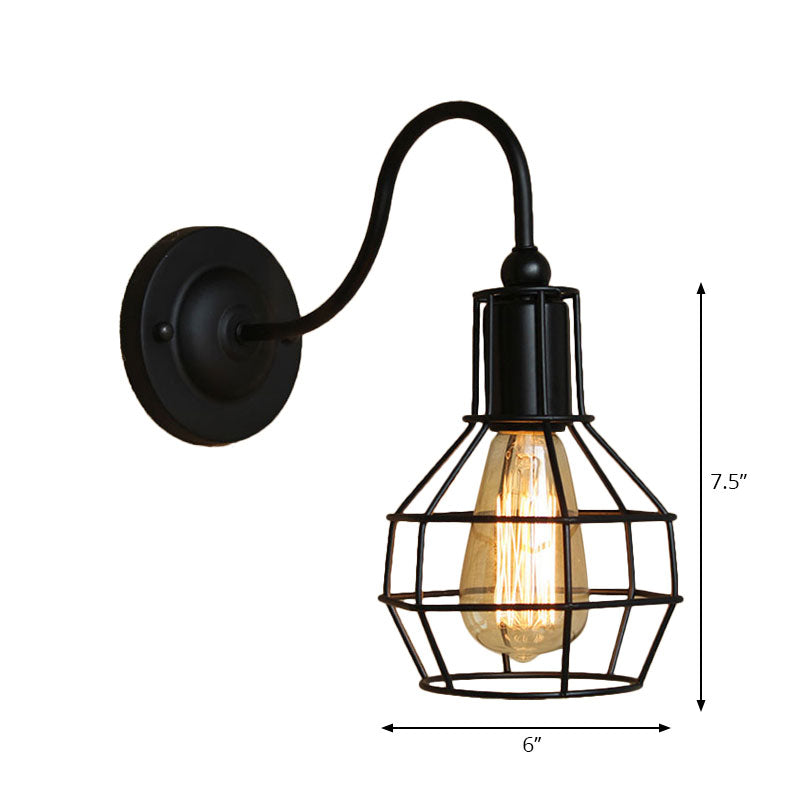 Metallic Black/Bronze Wall Lighting Global Cage 1 Head Vintage Industrial Wall Lamp with Gooseneck Arm Clearhalo 'Art deco wall lights' 'Cast Iron' 'Glass' 'Industrial wall lights' 'Industrial' 'Middle century wall lights' 'Modern' 'Rustic wall lights' 'Tiffany' 'Traditional wall lights' 'Wall Lamps & Sconces' 'Wall Lights' Lighting' 164918
