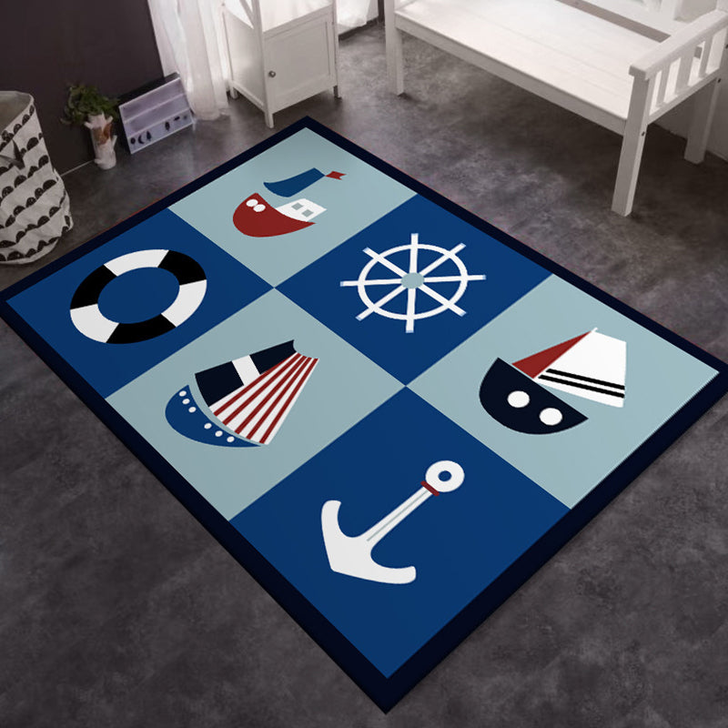 Kids Bedroom Rug in Blue Cars & Roads Ship Anchor Rudder Print Rug Polyester Machine Washable Area Rug Blue Clearhalo 'Area Rug' 'Rug' 1649187