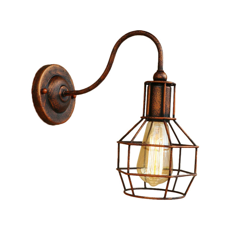 Metallic Black/Bronze Wall Lighting Global Cage 1 Head Vintage Industrial Wall Lamp with Gooseneck Arm Clearhalo 'Art deco wall lights' 'Cast Iron' 'Glass' 'Industrial wall lights' 'Industrial' 'Middle century wall lights' 'Modern' 'Rustic wall lights' 'Tiffany' 'Traditional wall lights' 'Wall Lamps & Sconces' 'Wall Lights' Lighting' 164920