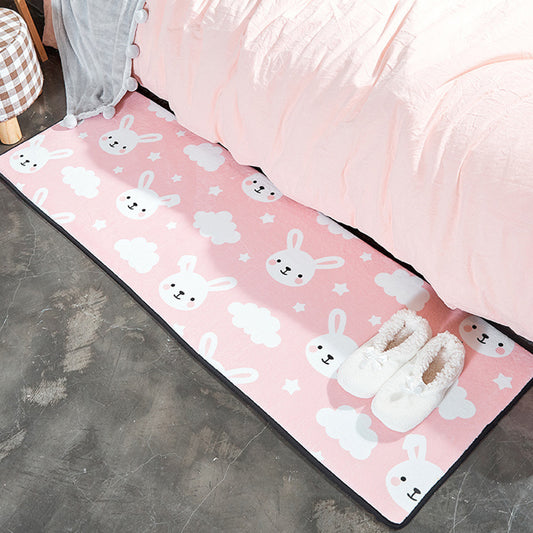 Kids Nursery Rug in White and Pink Animal Bear Rabbit Swan Print Rug Polyester Stain-Resistant Area Rug Pink