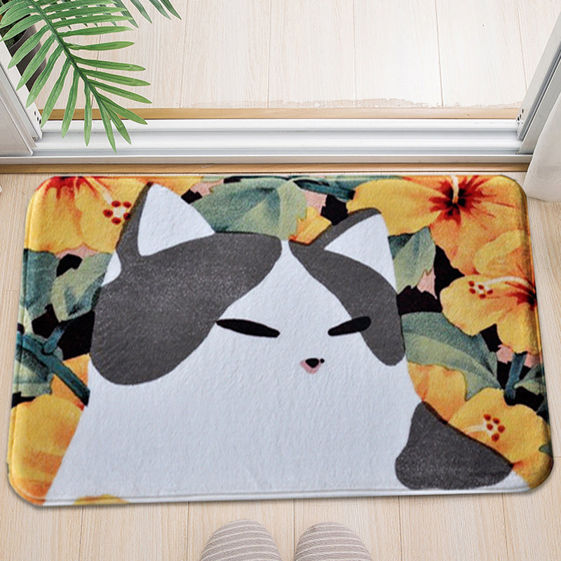 Kids Child's Room Rug in Pink and Yellow Animal Cats Flower Print Rug Polyester Non-Slip Backing Area Rug Clearhalo 'Area Rug' 'Rug' 1649235