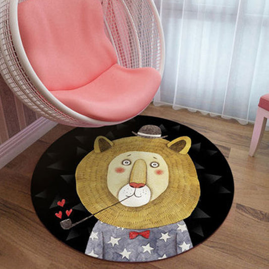 Black and Pink Nursery Rug Kids Animal Lion Rabbit Flamingo Pattern Area Rug Polyester Stain-Resistant Carpet Brown