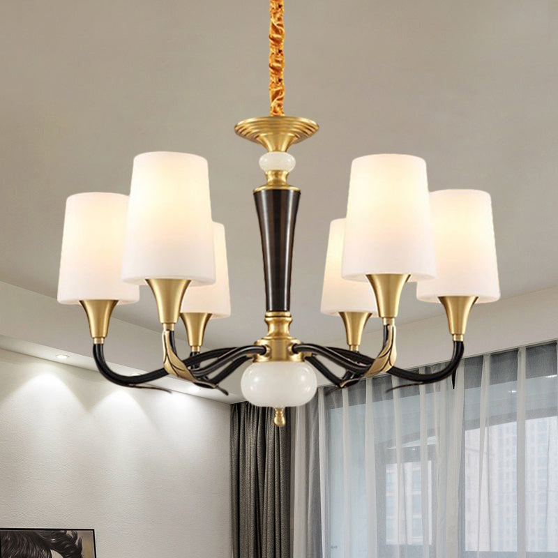 Milky Glass Black Pendulum Lamp Elongated Cone 6-Light Rural Pendant Chandelier for Dining Hall Clearhalo 'Ceiling Lights' 'Chandeliers' 'Glass shade' 'Glass' Lighting' 1649323