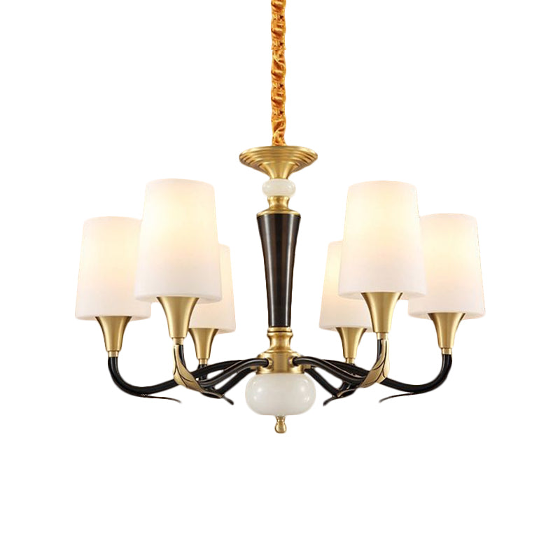 Milky Glass Black Pendulum Lamp Elongated Cone 6-Light Rural Pendant Chandelier for Dining Hall Clearhalo 'Ceiling Lights' 'Chandeliers' 'Glass shade' 'Glass' Lighting' 1649324