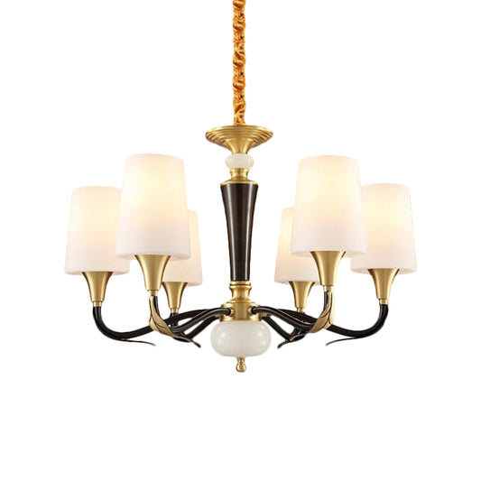 Milky Glass Black Pendulum Lamp Elongated Cone 6-Light Rural Pendant Chandelier for Dining Hall Clearhalo 'Ceiling Lights' 'Chandeliers' 'Glass shade' 'Glass' Lighting' 1649324