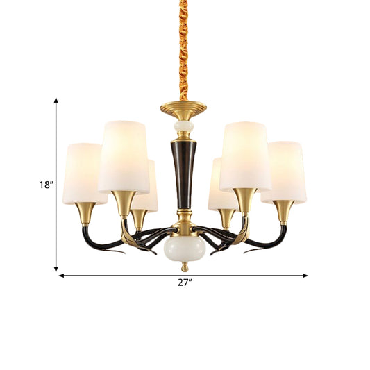 Milky Glass Black Pendulum Lamp Elongated Cone 6-Light Rural Pendant Chandelier for Dining Hall Clearhalo 'Ceiling Lights' 'Chandeliers' 'Glass shade' 'Glass' Lighting' 1649325