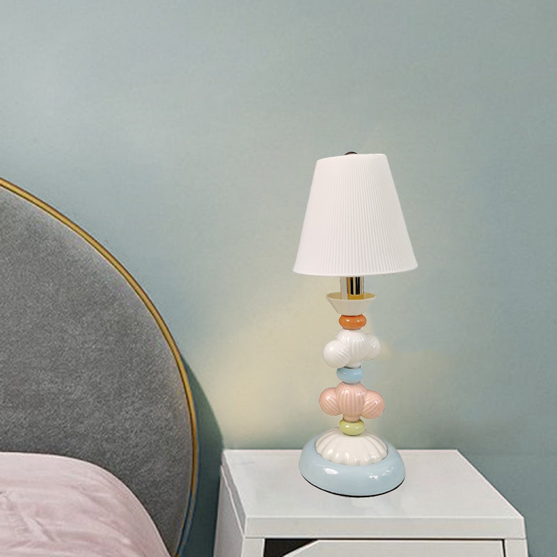 Fabric Conical Reading Book Light Kids 1-Light Table Lamp with Round Ceramic Base in White Clearhalo 'Lamps' 'Table Lamps' Lighting' 1649327