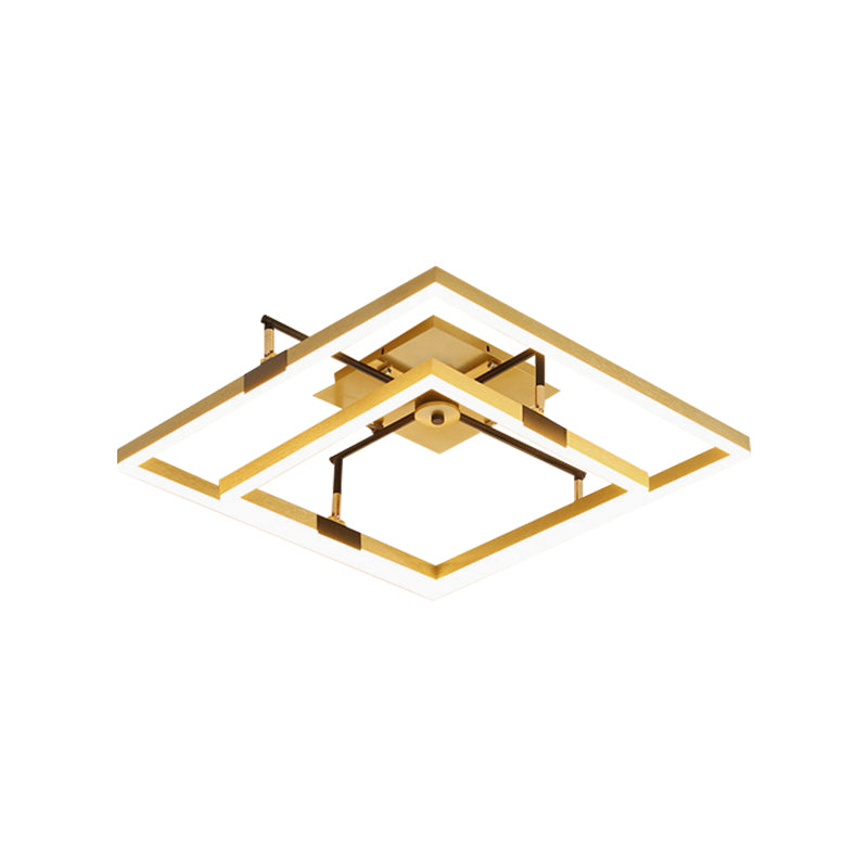 Gold 2-Square Frame Semi Flush Light Modernist LED Metallic Flush Mount Lamp in Warm/White Light, 19.5"/23.5" Width