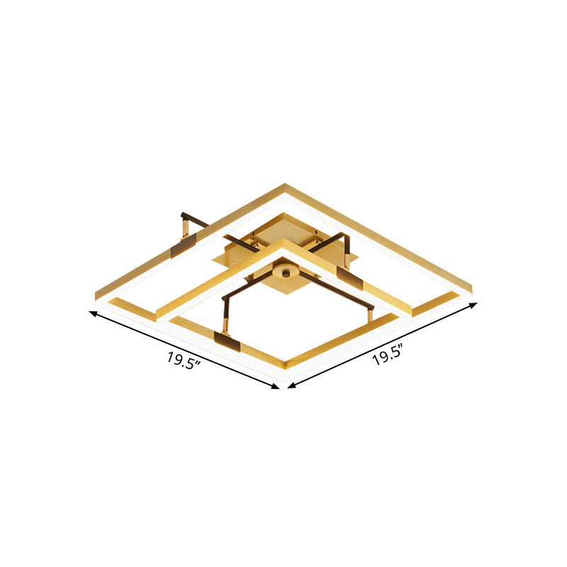 Gold 2-Square Frame Semi Flush Light Modernist LED Metallic Flush Mount Lamp in Warm/White Light, 19.5"/23.5" Width